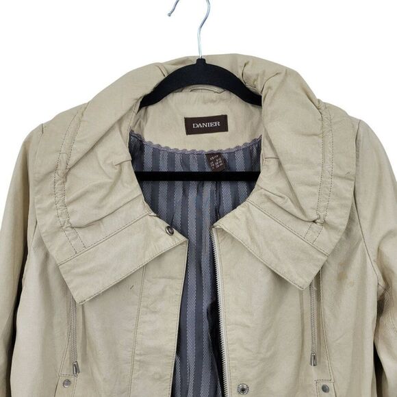 90s Vintage Ruffle Collar Buttery Leather Jacket Coat XS Cream Boho Feminine - Picture 4 of 16